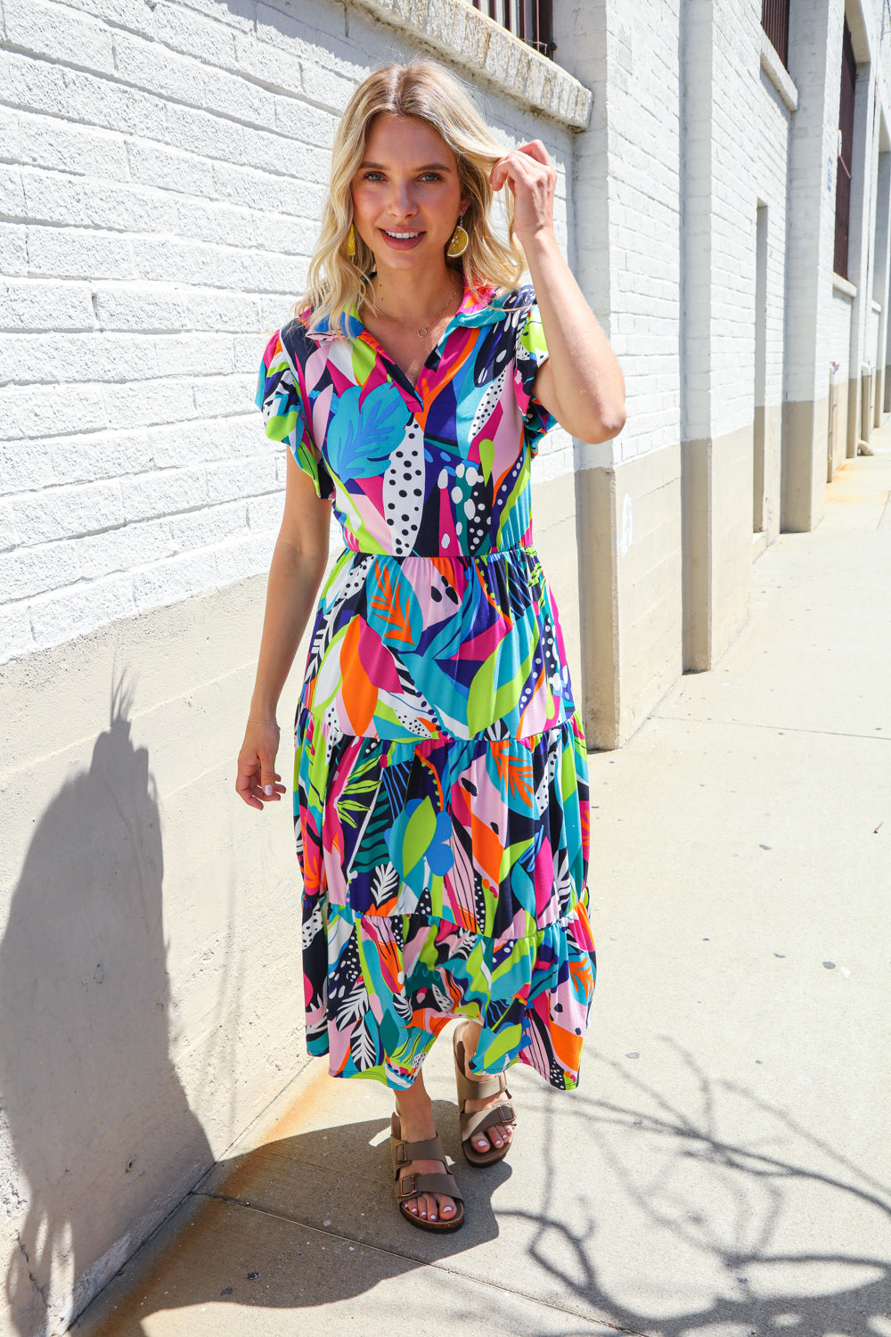 Feel Your Best Tropical Floral Collar V Neck Midi Dress