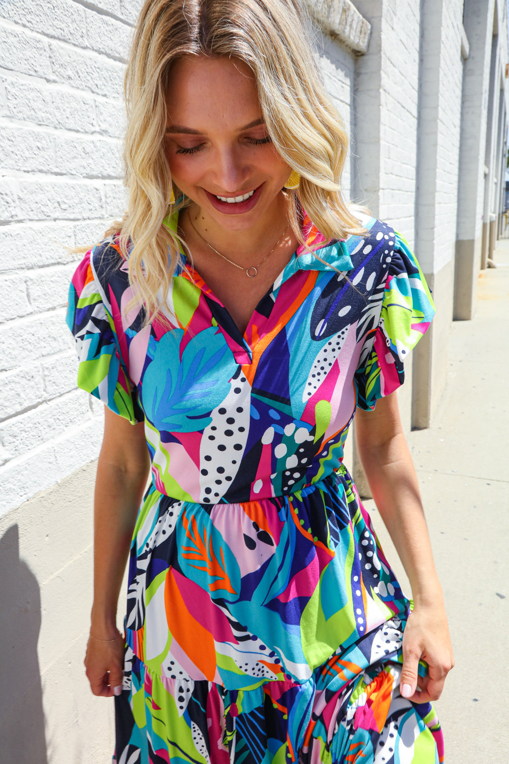 Feel Your Best Tropical Floral Collar V Neck Midi Dress