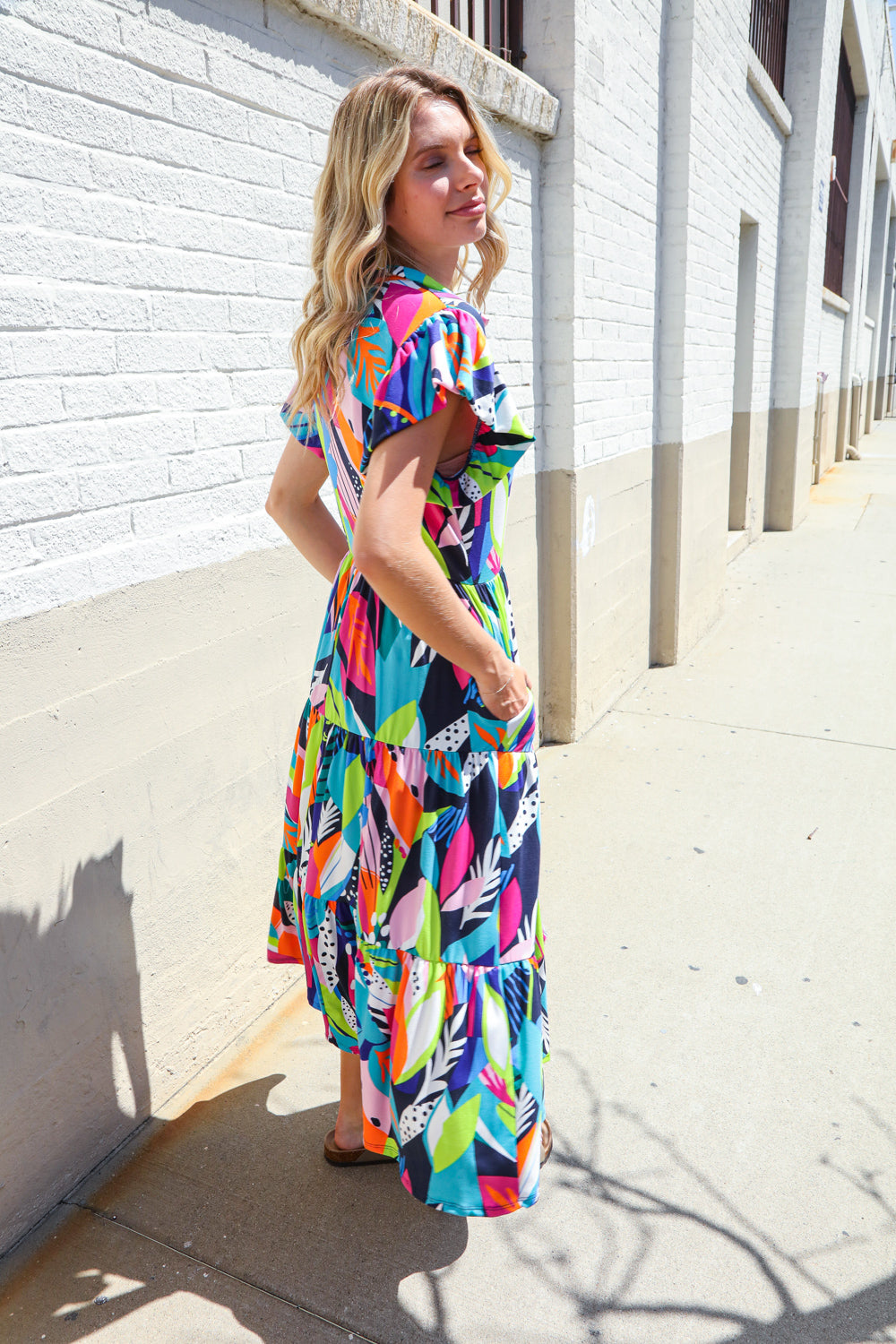 Feel Your Best Tropical Floral Collar V Neck Midi Dress
