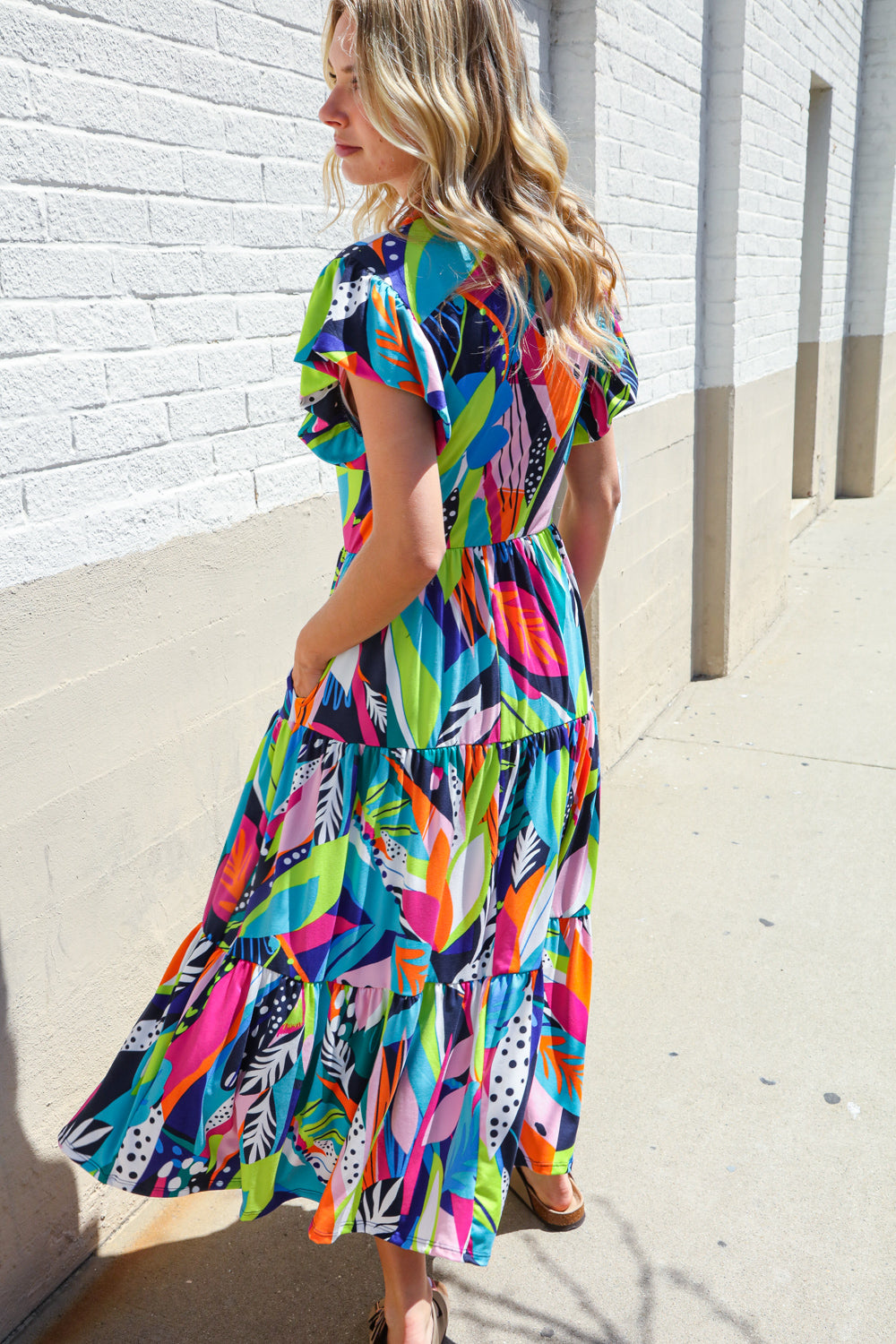 Feel Your Best Tropical Floral Collar V Neck Midi Dress