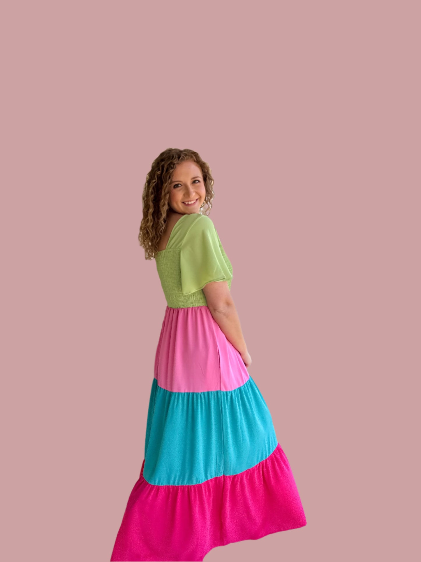 Color Block Flutter Sleeve Smocked Top Maxi