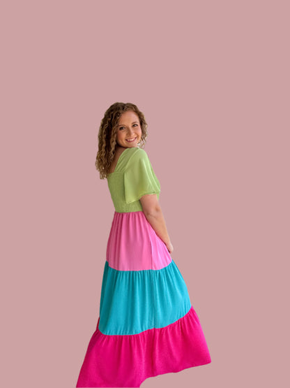 Color Block Flutter Sleeve Smocked Top Maxi