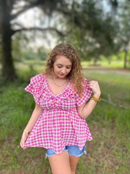 Pink Gingham Ruffle Top