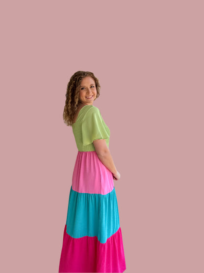 Color Block Flutter Sleeve Smocked Top Maxi