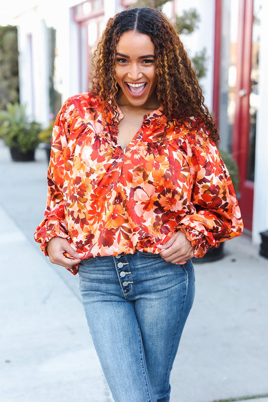 Fall Vibes Rust Floral Print Notched Neck Smocked Satin Top