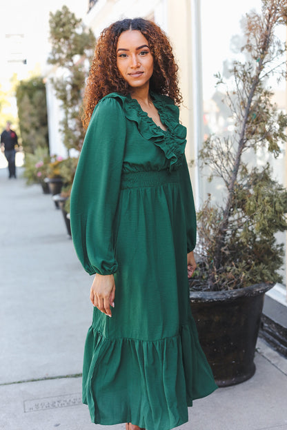 Beautiful You Holiday Green Overlap Ruffle V Neck Midi Dress