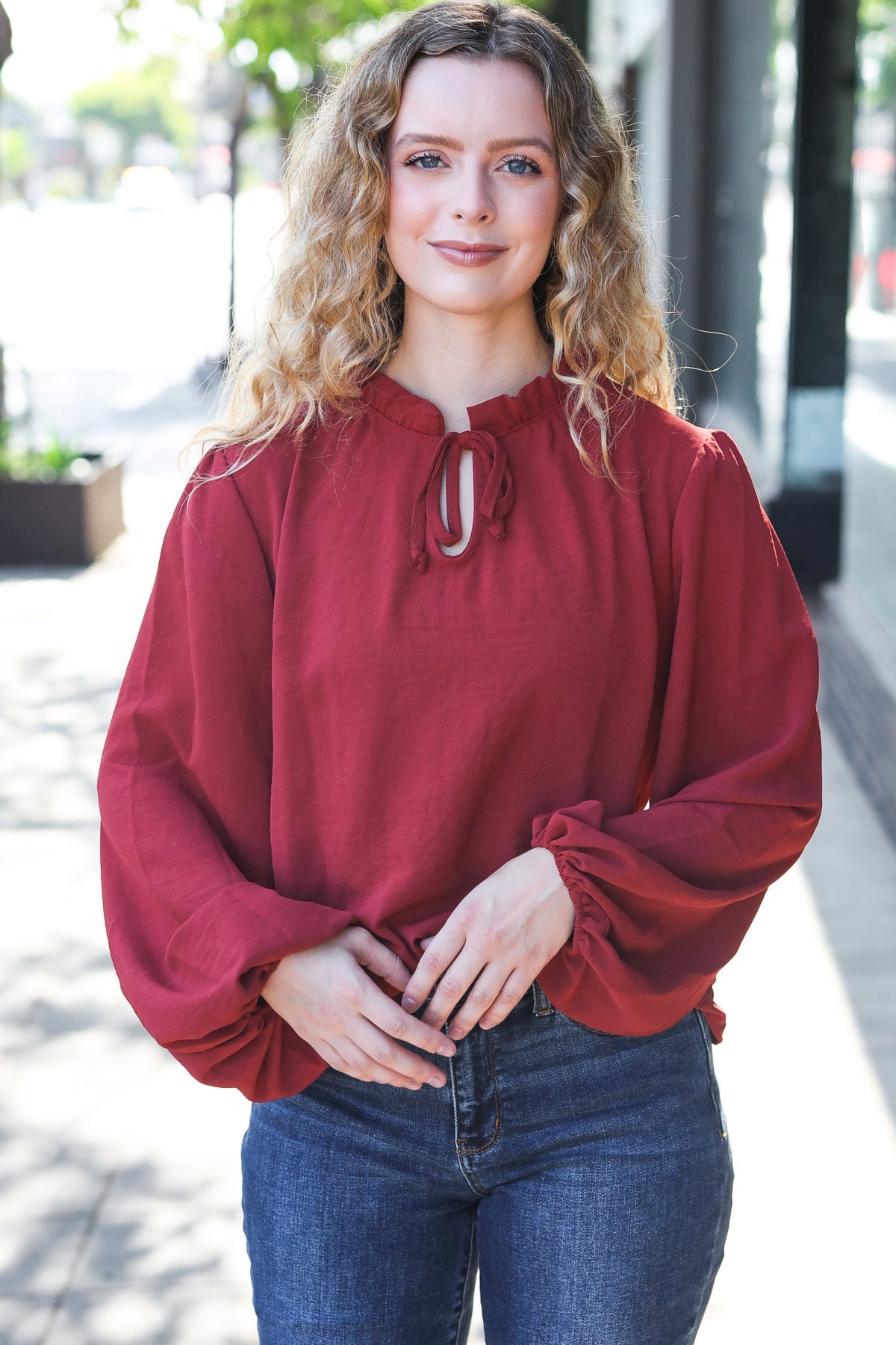 Feeling Femme Burgundy Frilled Edge V Neck Tie Top