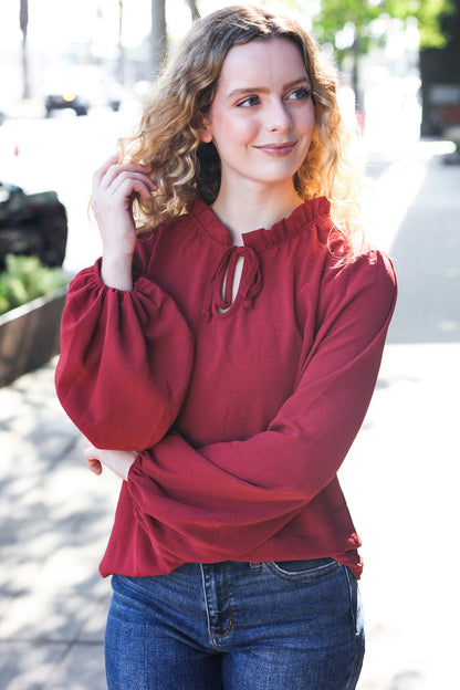 Feeling Femme Burgundy Frilled Edge V Neck Tie Top