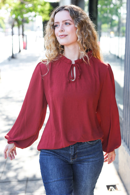 Feeling Femme Burgundy Frilled Edge V Neck Tie Top