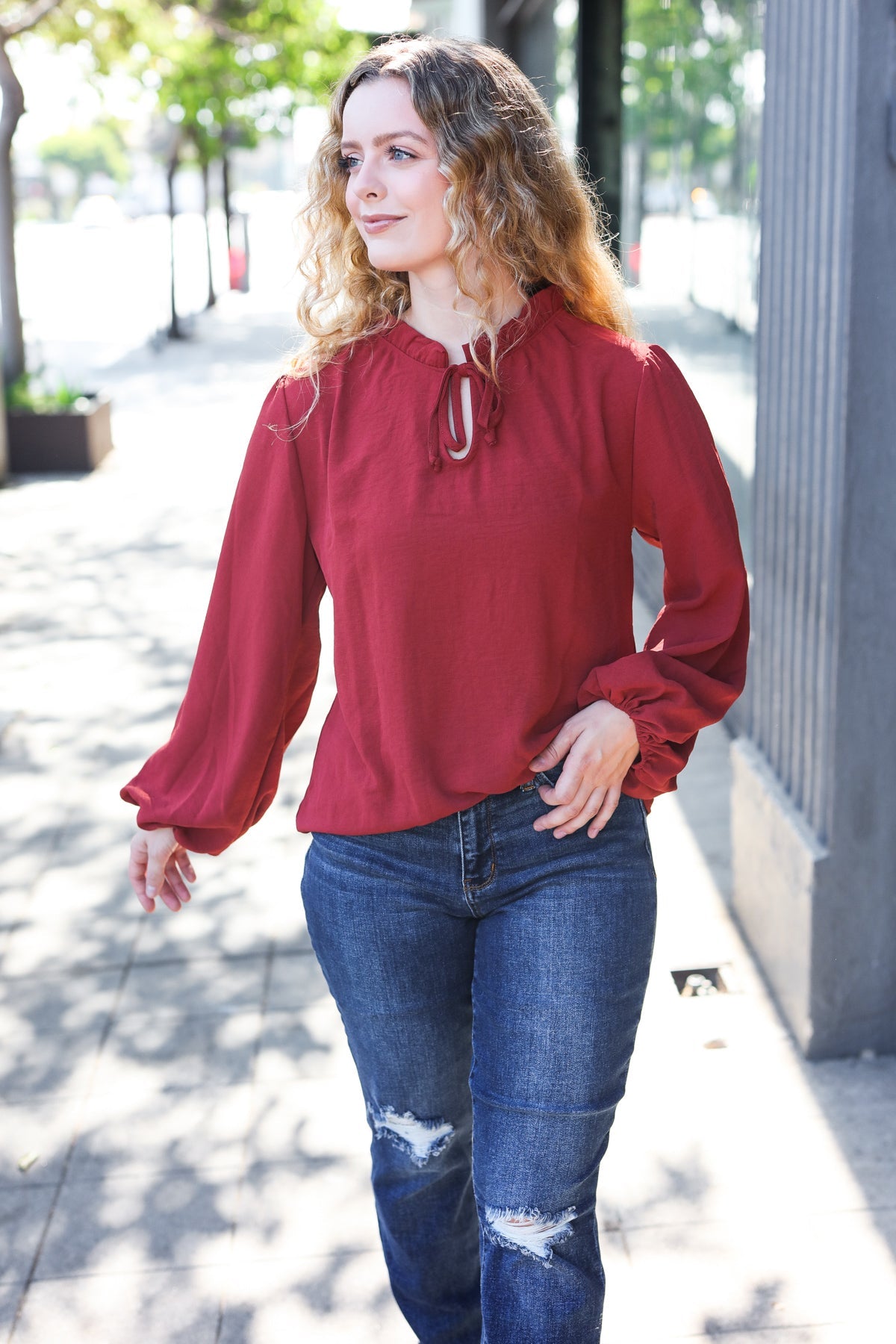 Feeling Femme Burgundy Frilled Edge V Neck Tie Top