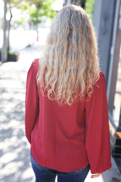 Feeling Femme Burgundy Frilled Edge V Neck Tie Top