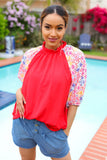 Red Mock Neck / Pattern Sleeve Top