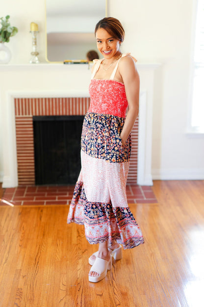 Vacay Vibes Orange Floral Smocked Tube Top Tiered Maxi Dress