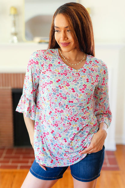 Feeling It Blue Floral Print Ruffle Three Quarter Sleeve Top