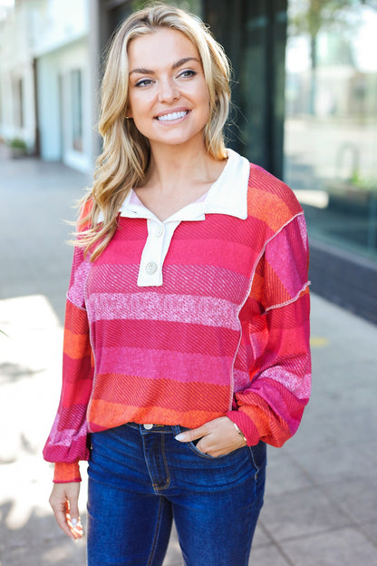 Be Bold Magenta Striped Button Down Placket Collared Top