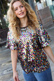 City Lights Black Multicolor Sequin Puff Sleeve Top