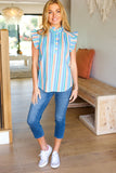 Happy Thoughts Sky Blue Striped Frill Button Down Top