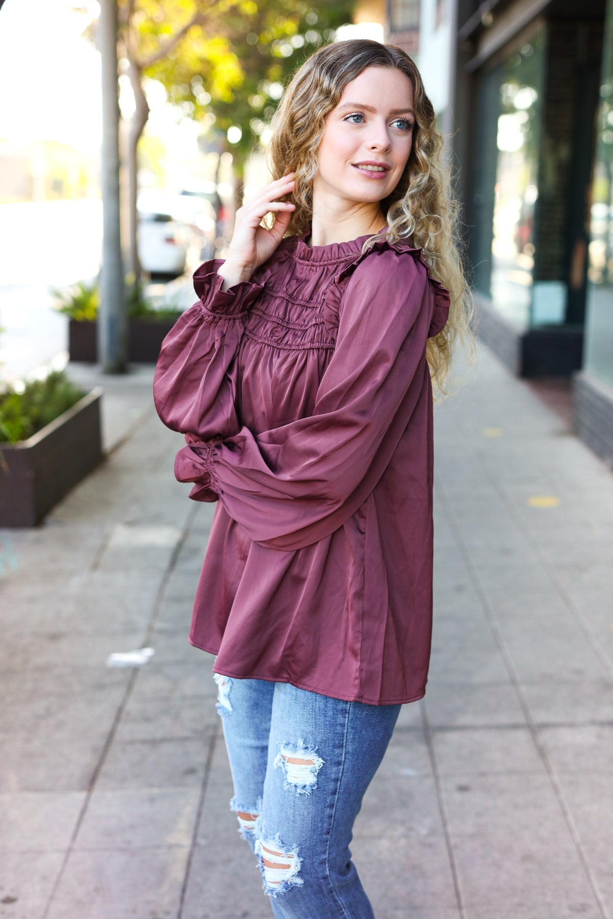 Mulberry Satin Mock Neck Top