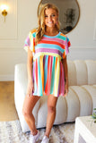 Multicolor Stripe Thermal Knit Ruffle Sleeve Babydoll Top