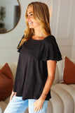 Black Double Ruffle Sleeve Square Neck Ribbed Top