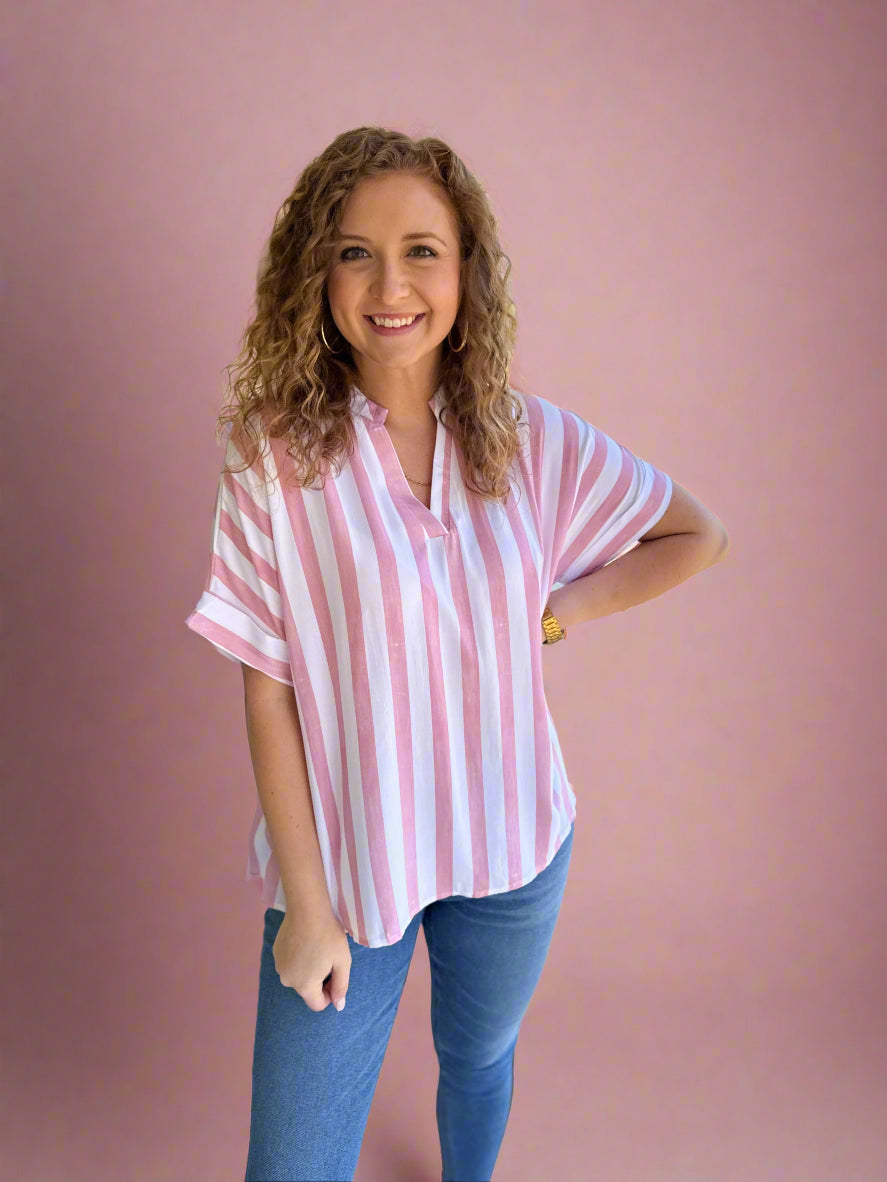 Pink Striped V-Neck Top