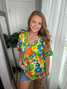 Retro Floral V-Neck Top