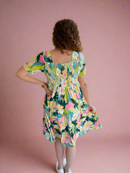 Aqua Floral Smocked Midi Dress