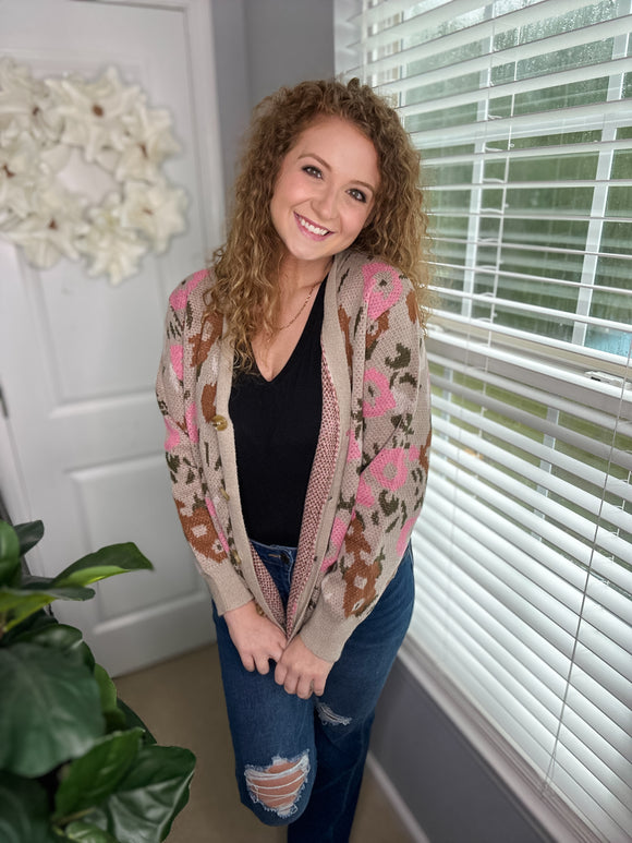 Beige Floral Button Cardigan