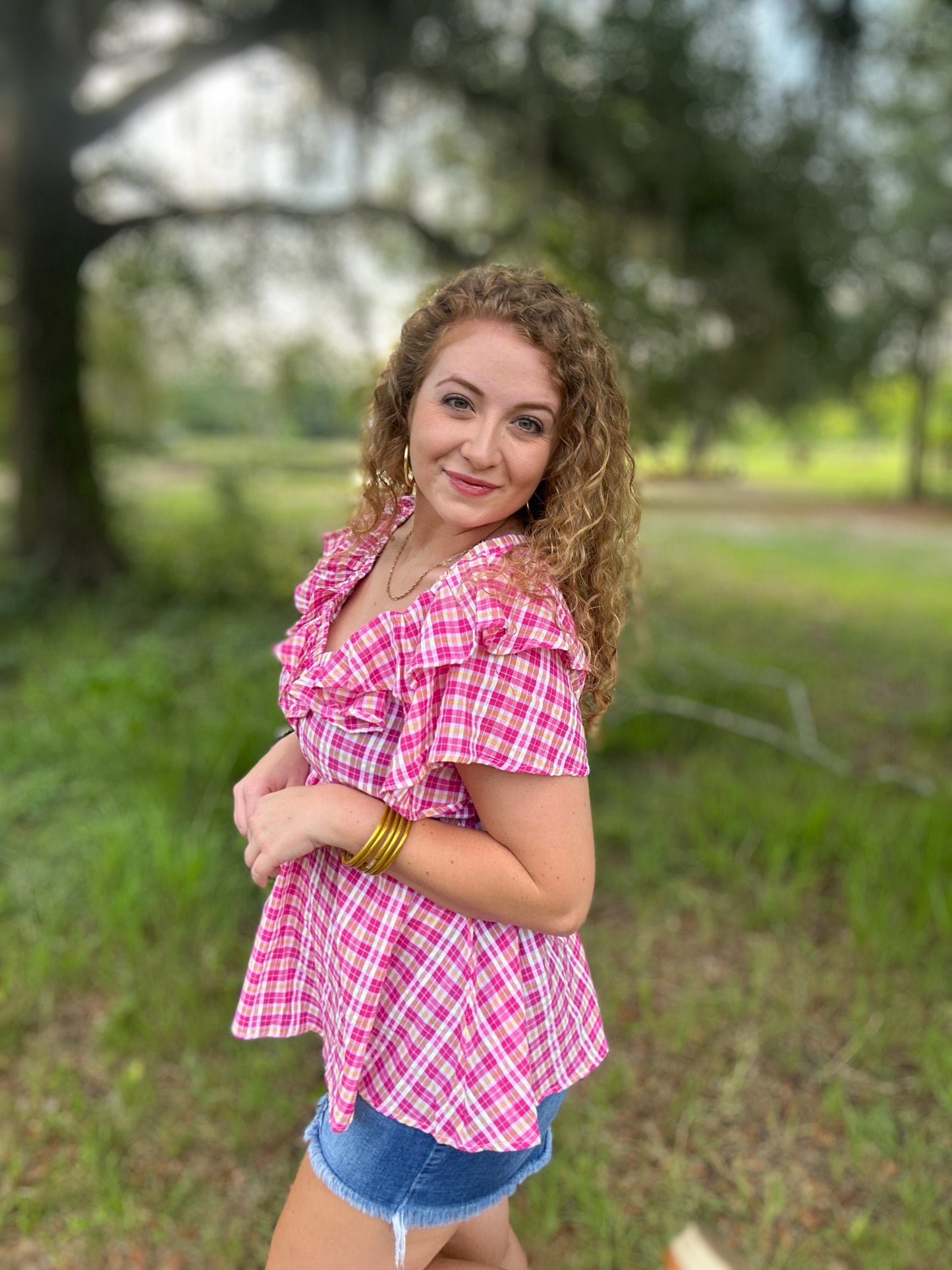 Pink Gingham Ruffle Top