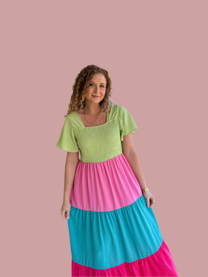 Color Block Flutter Sleeve Smocked Top Maxi