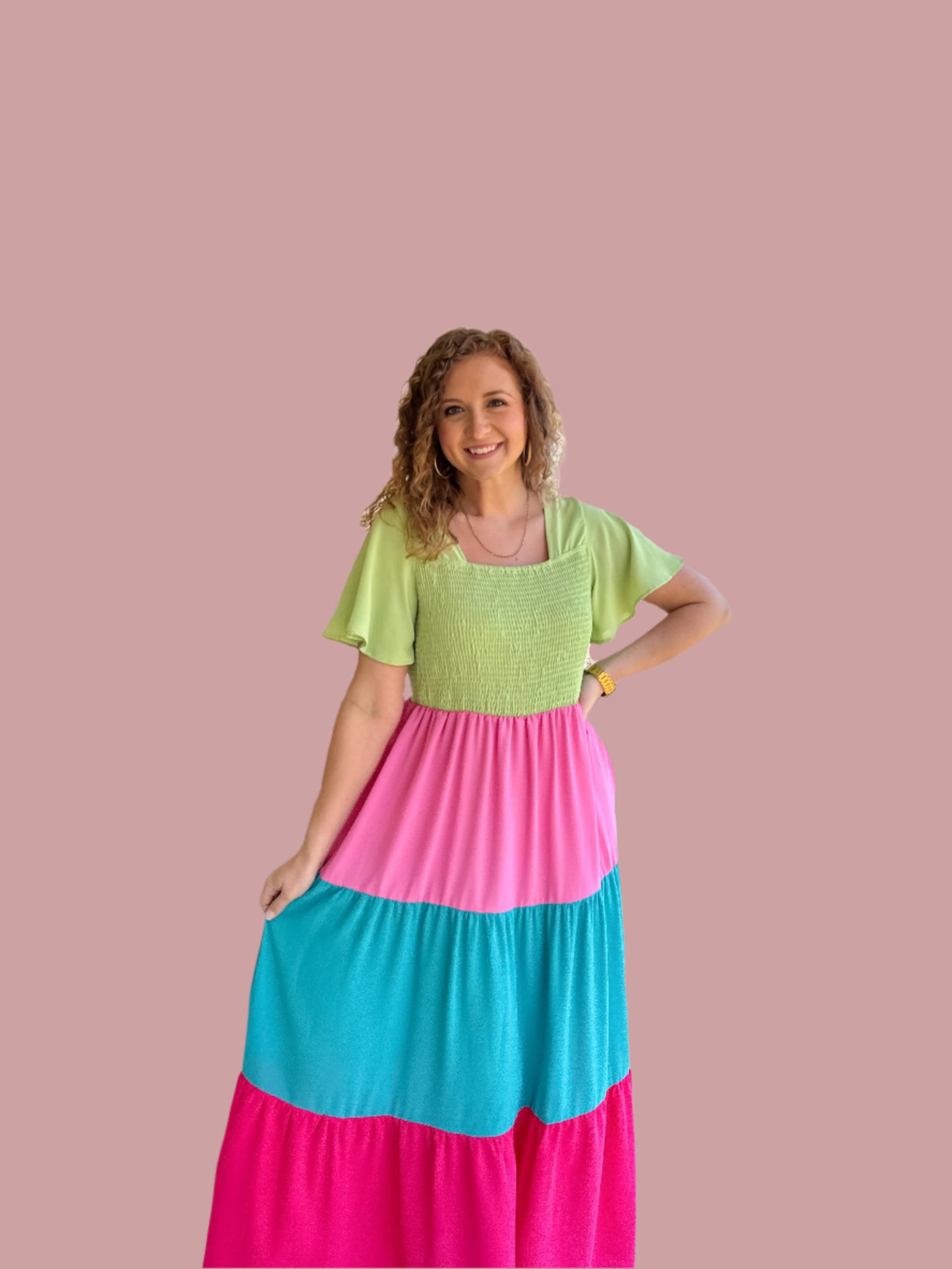 Color Block Flutter Sleeve Smocked Top Maxi