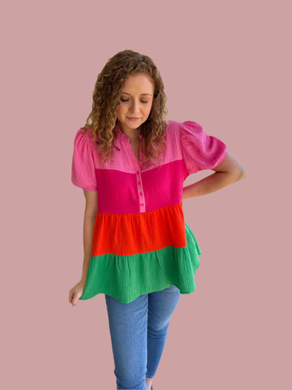 Color Block Bubble Sleeve Top