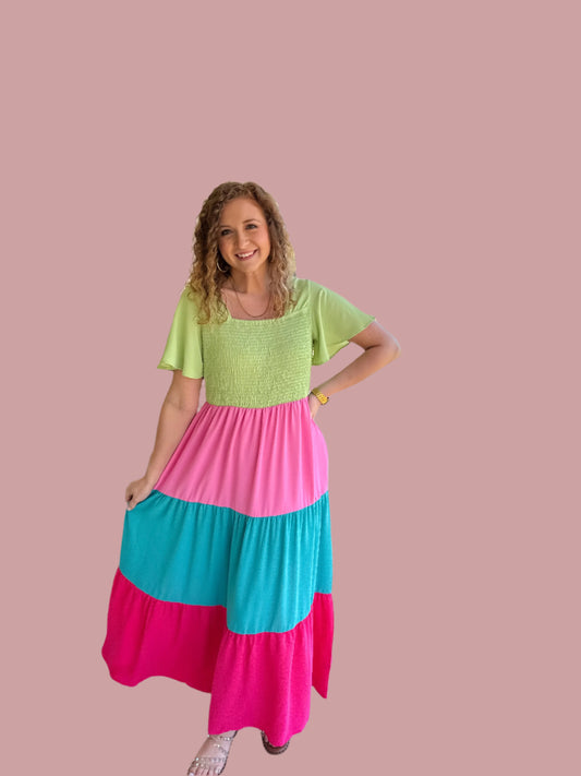 Color Block Flutter Sleeve Smocked Top Maxi