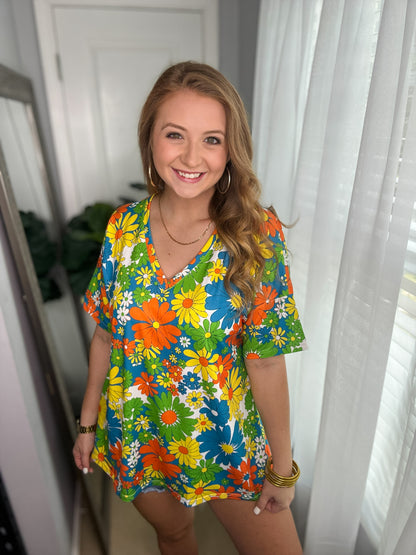 Retro Floral V-Neck Top