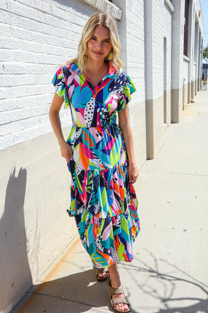 Feel Your Best Tropical Floral Collar V Neck Midi Dress