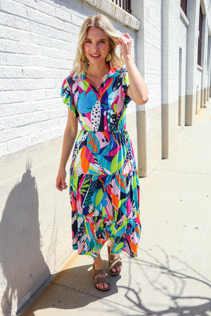 Feel Your Best Tropical Floral Collar V Neck Midi Dress