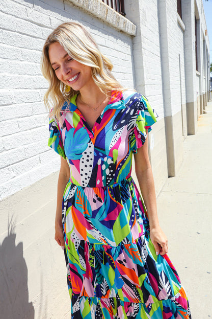 Feel Your Best Tropical Floral Collar V Neck Midi Dress