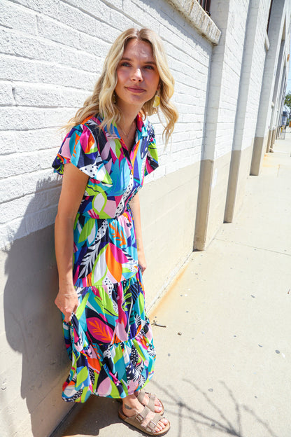 Feel Your Best Tropical Floral Collar V Neck Midi Dress