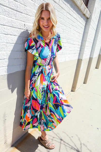 Feel Your Best Tropical Floral Collar V Neck Midi Dress