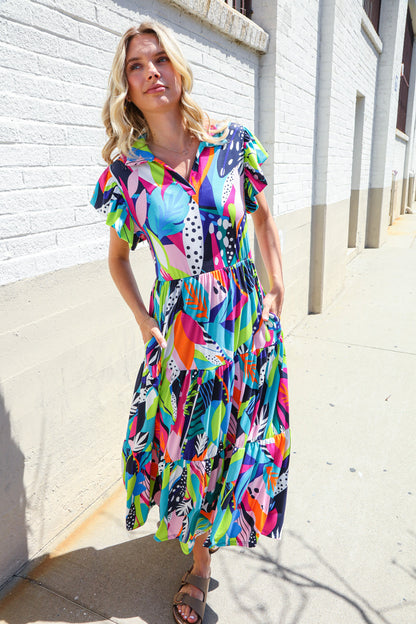 Feel Your Best Tropical Floral Collar V Neck Midi Dress
