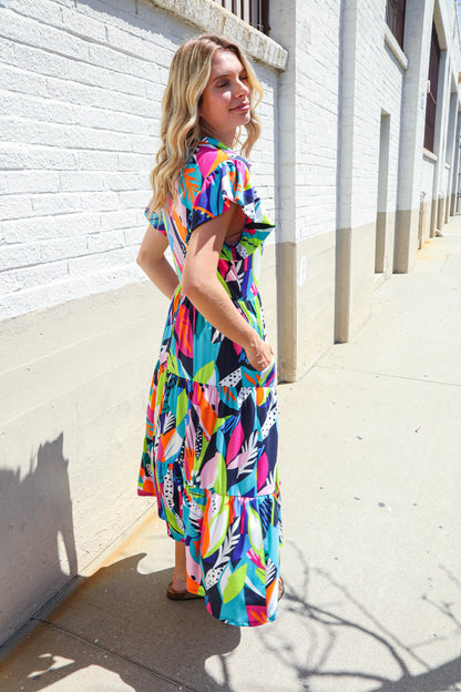 Feel Your Best Tropical Floral Collar V Neck Midi Dress