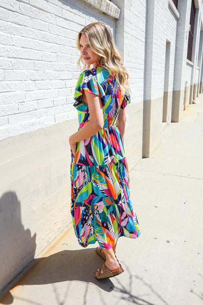 Feel Your Best Tropical Floral Collar V Neck Midi Dress