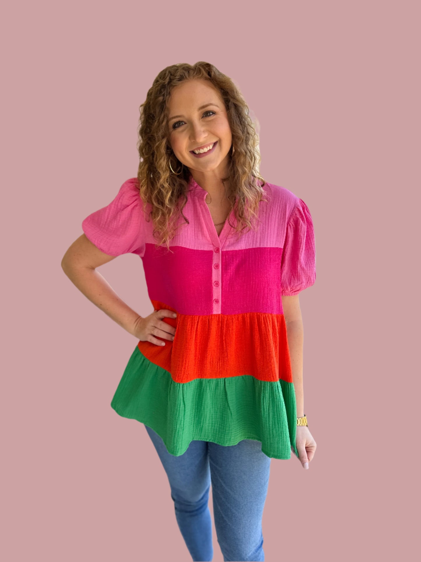 Color Block Bubble Sleeve Top