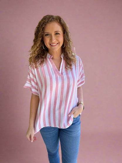 Pink Striped V-Neck Top