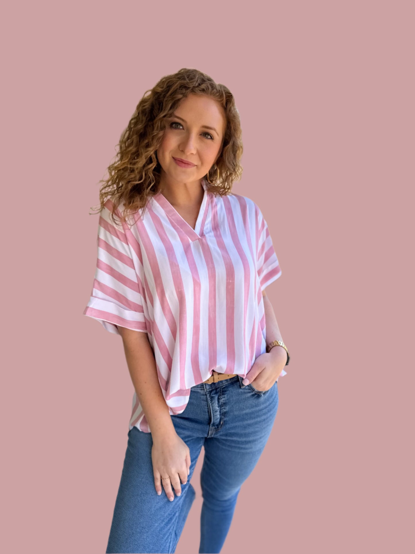 Pink Striped V-Neck Top