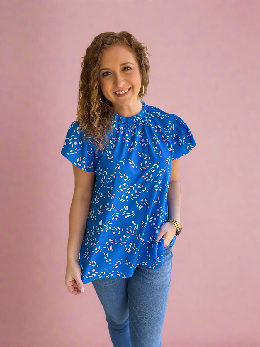 Blue Patterned Ruffle Mock Neck Top