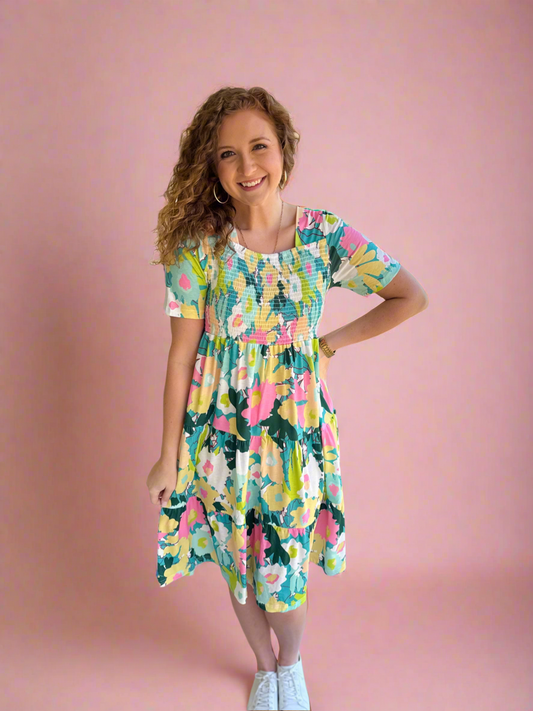 Aqua Floral Smocked Midi Dress