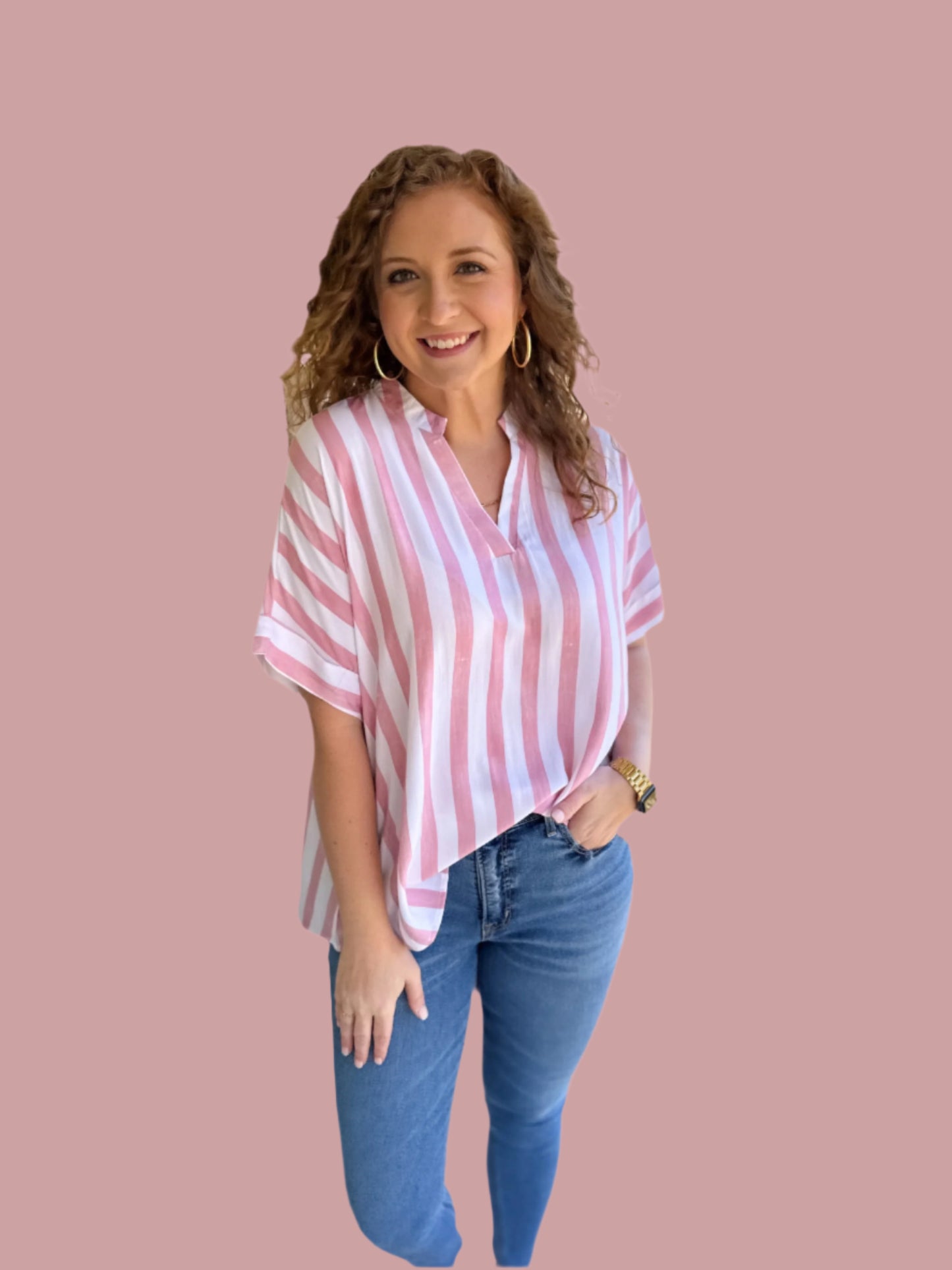 Pink Striped V-Neck Top