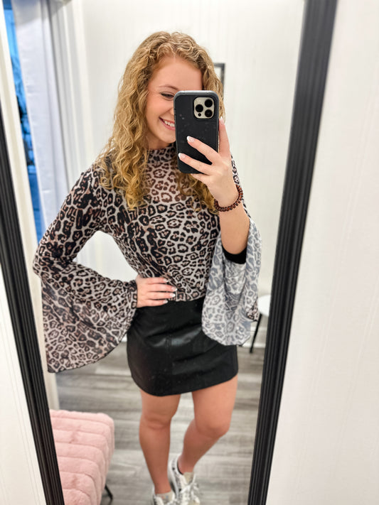 Semi-Sheer Leopard Bell Sleeve Top