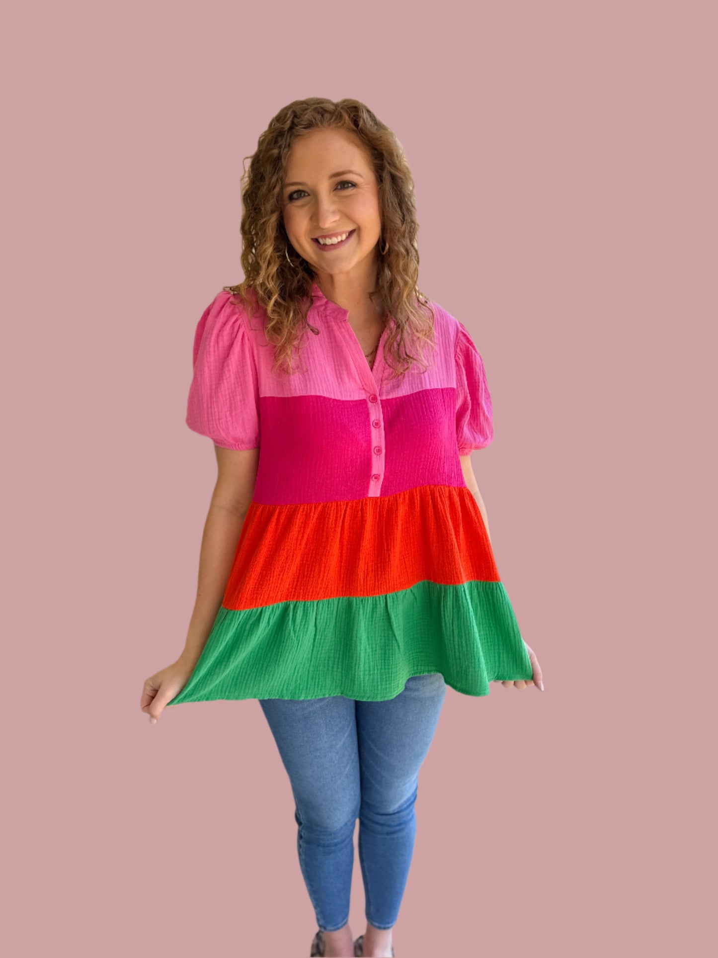 Color Block Bubble Sleeve Top